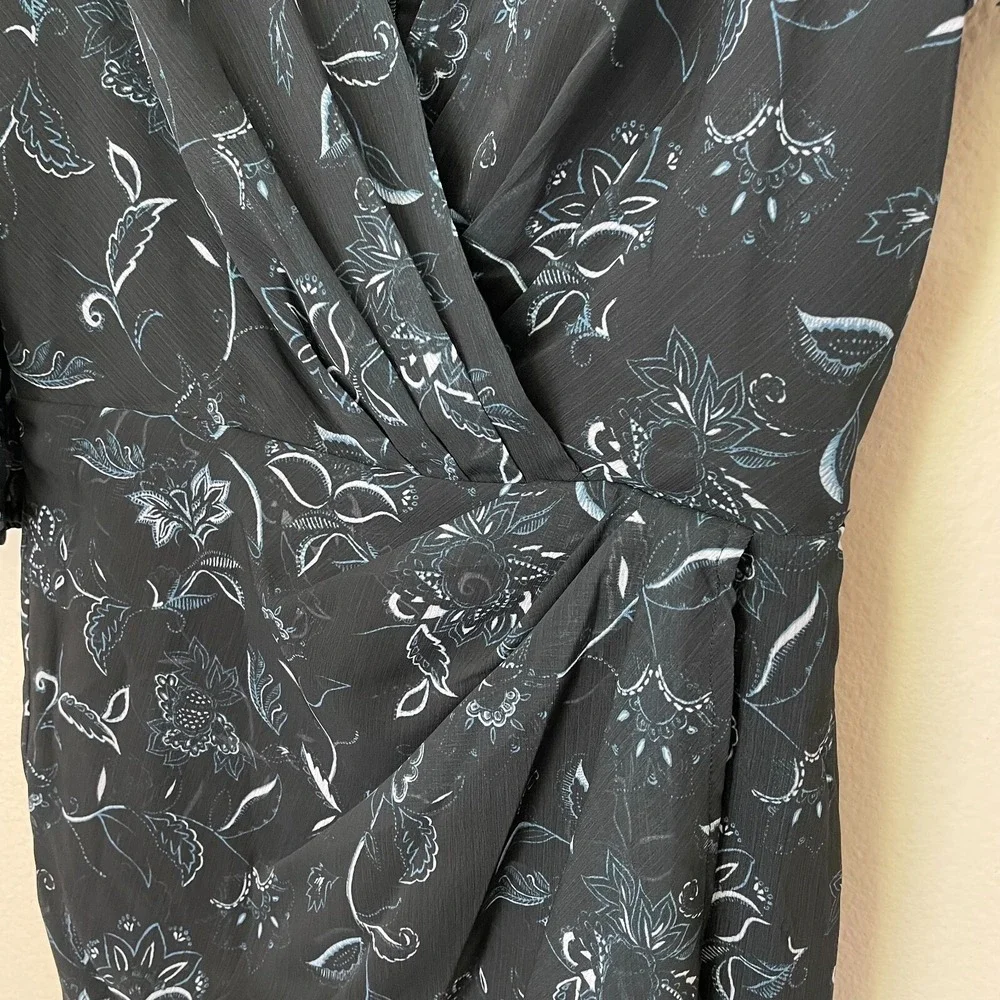 NEW $99 Halogen Womens Small Faux Wrap Floral Dress Chiffon In Bali Black‎